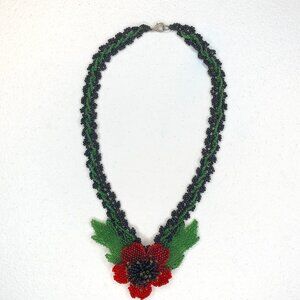Beaded Floral Necklace with Red, Black and Green Accents